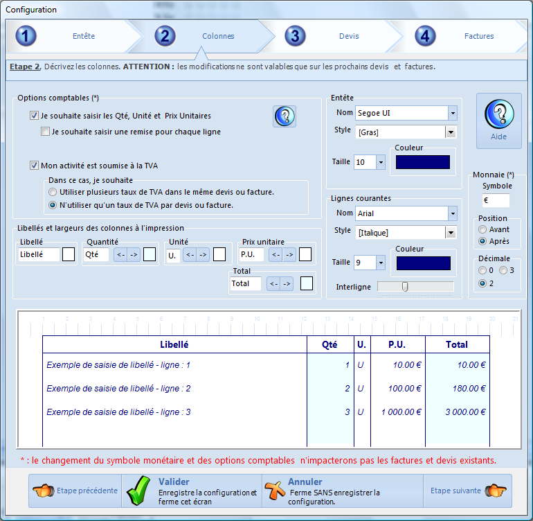 Options de configuration de Devis Facture Express Light