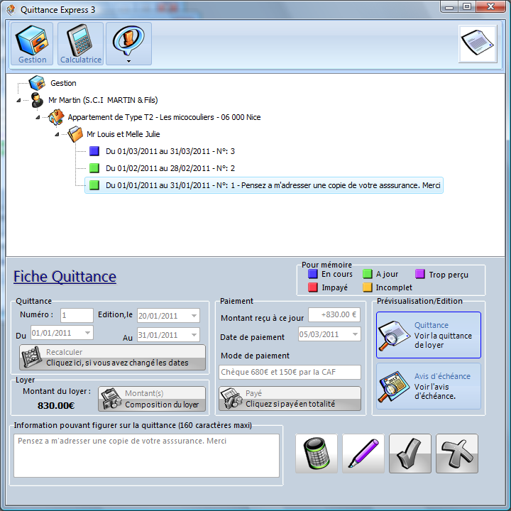 Gestion d'un quittance de loyer