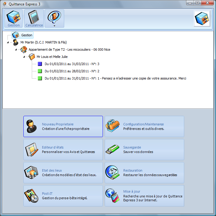 Interface principale de quittance express